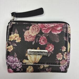 Tahari Floral Flower Wallet Trifold Billfold Coin Purse Black Pink Logo Gift